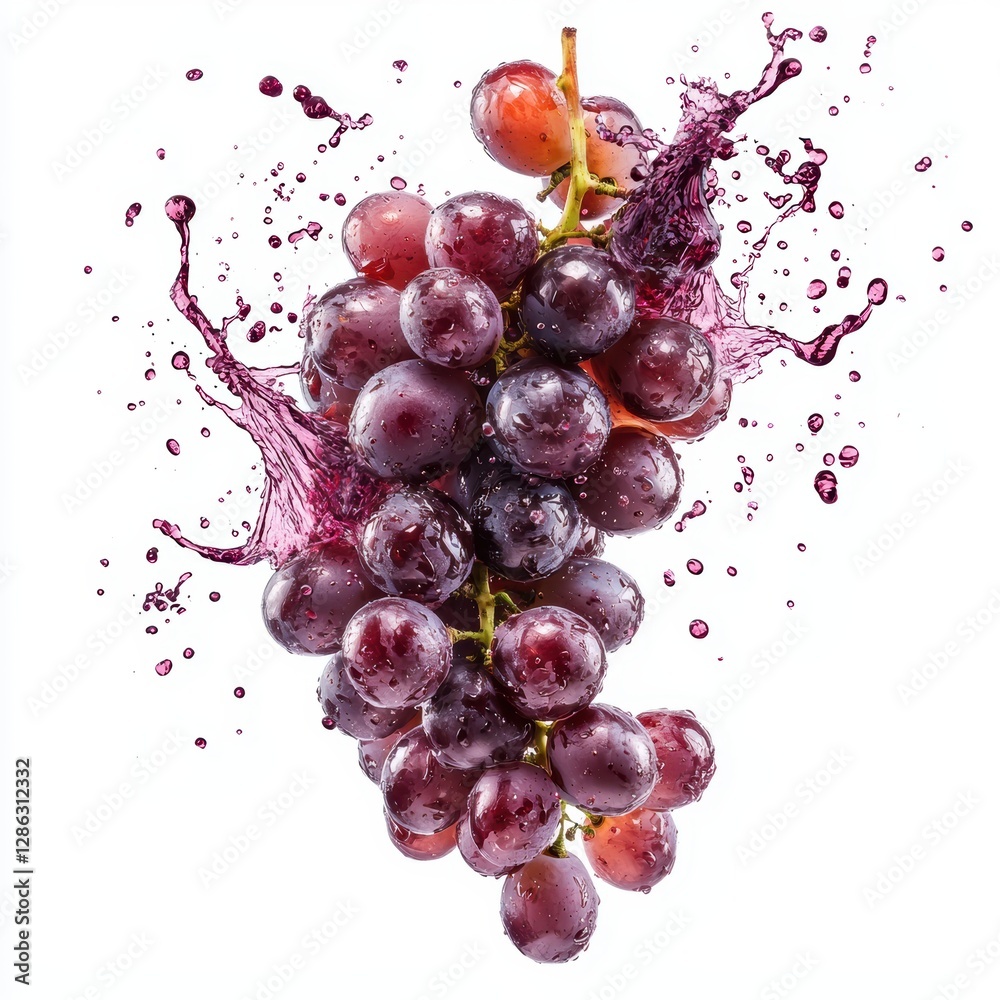 Bunch of red grapes with a rich splash of purple grape juice captured mid-air isolated on white Bunch of red grapes with a rich splash of purple grape juice captured mid-air isolated on white