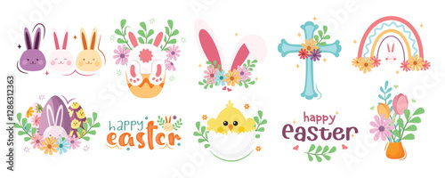 Colorful happy easter vector set with flower and leaf decoration