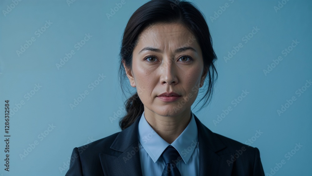 A middle aged Central Asian woman managing accounts in business formal attire in a corporate office in closeup portrait on a plain deep navy background A middle aged Central Asian woman managing accounts in business formal attire in a corporate office in closeup portrait on a plain deep navy background