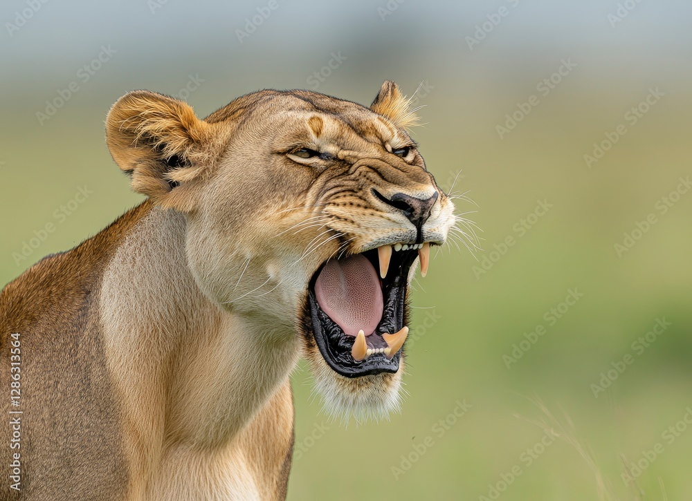 Winning stock photo of a lioness with mouth open, showing teeth, in green grass. Stock photography award winner. Winning stock photo of a lioness with mouth open, showing teeth, in green grass. Stock photography award winner.