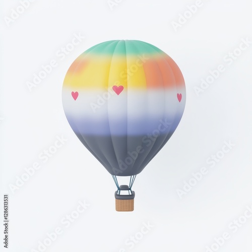 A colorful hot air balloon with gradient stripes and heart motifs, floating against a light background.