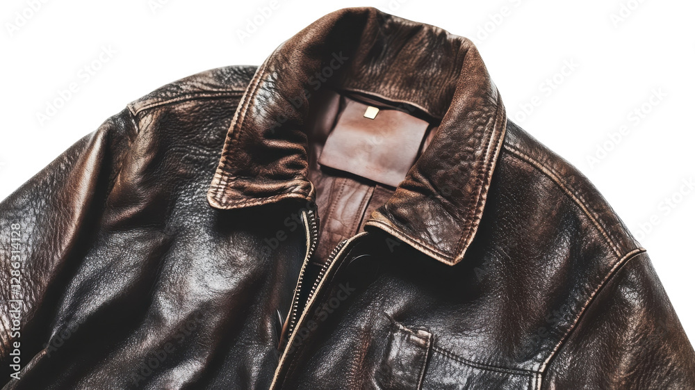 Brown leather jacket displayed on a white background showcasing its texture and craftsmanship in detail