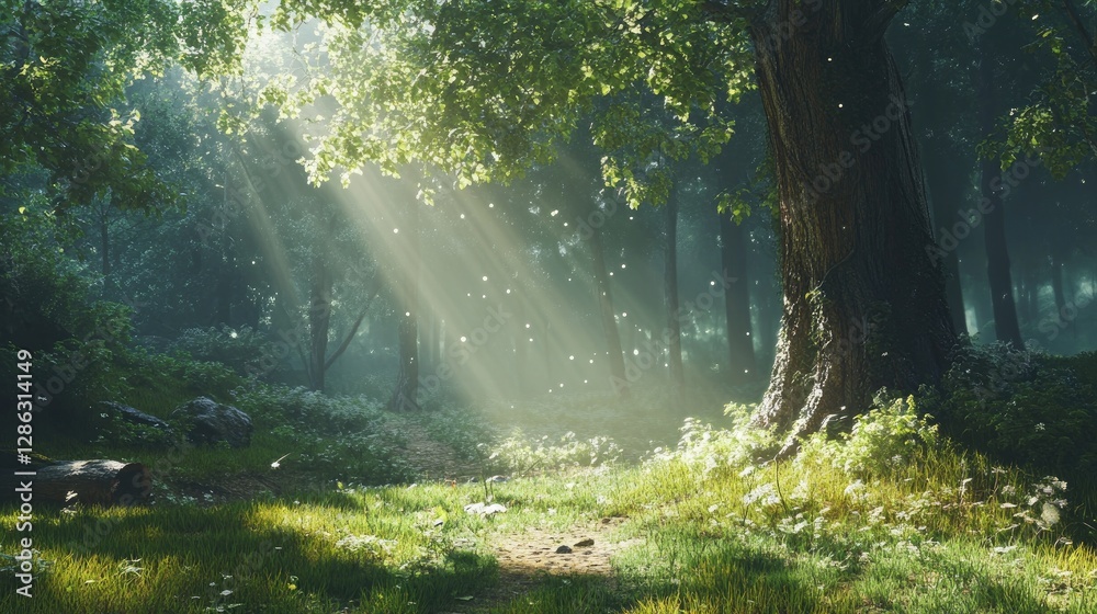 Fototapeta premium Sunbeams Dancing Through Enchanting Forest