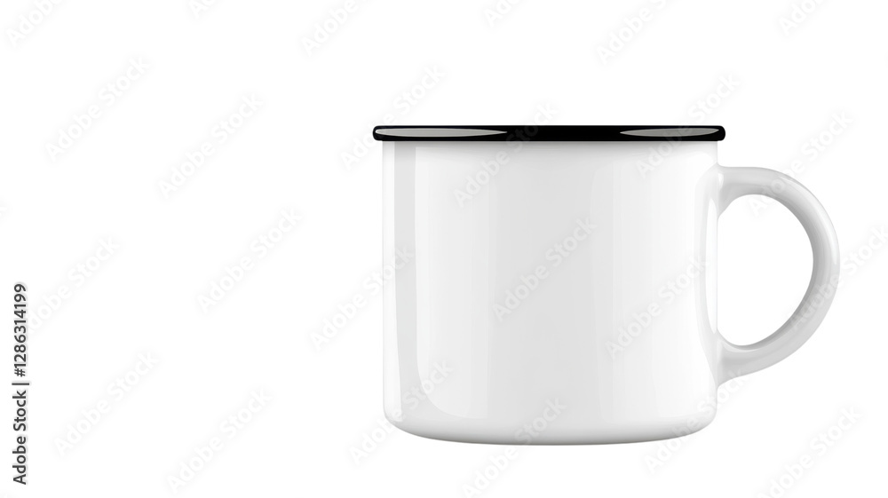 Classic white enamel mug with black rim displayed on a neutral background for minimalist design enthusiasts