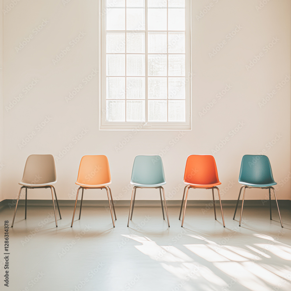 Obraz premium A row of colorful chairs stands against a wall with a large window, casting soft light on the floor in a minimalist setting.