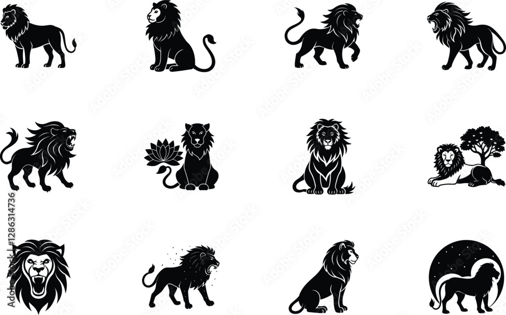 Fototapeta premium Majestic Lion Silhouettes A Collection of Regal Black and White Designs