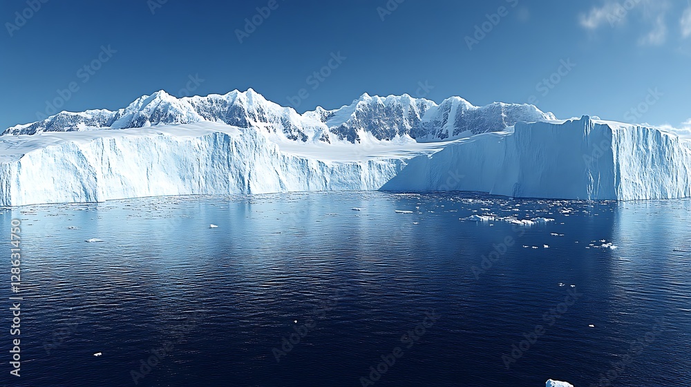 Panoramic view of snow-covered mountains and icy cliffs meeting a deep blue ocean under a clear sky Panoramic view of snow-covered mountains and icy cliffs meeting a deep blue ocean under a clear sky