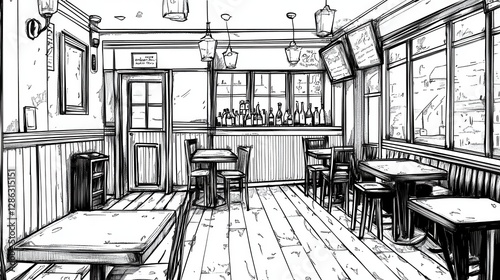 Cozy Interior of a Rustic Bar Featuring Wooden Furniture and Decor