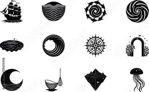 Nautical Ocean Icons Ships, Waves, Compass, Marine Life Designs