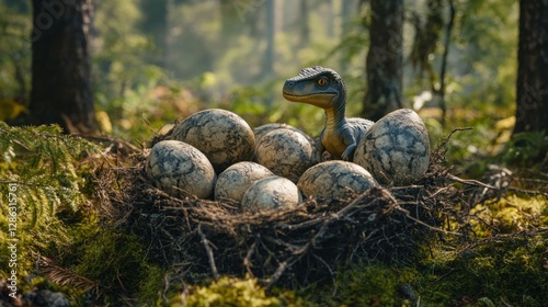 Fototapeta Naklejka Na Ścianę i Meble -  real picture of large dinosaur eggs in a nest and 1 baby dinosaur has hatched among the large eggs with a forest background