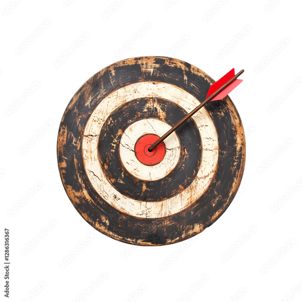 Red arrow hitting the bullseye on a rustic wooden target board achieving success and victory Red arrow hitting the bullseye on a rustic wooden target board achieving success and victory