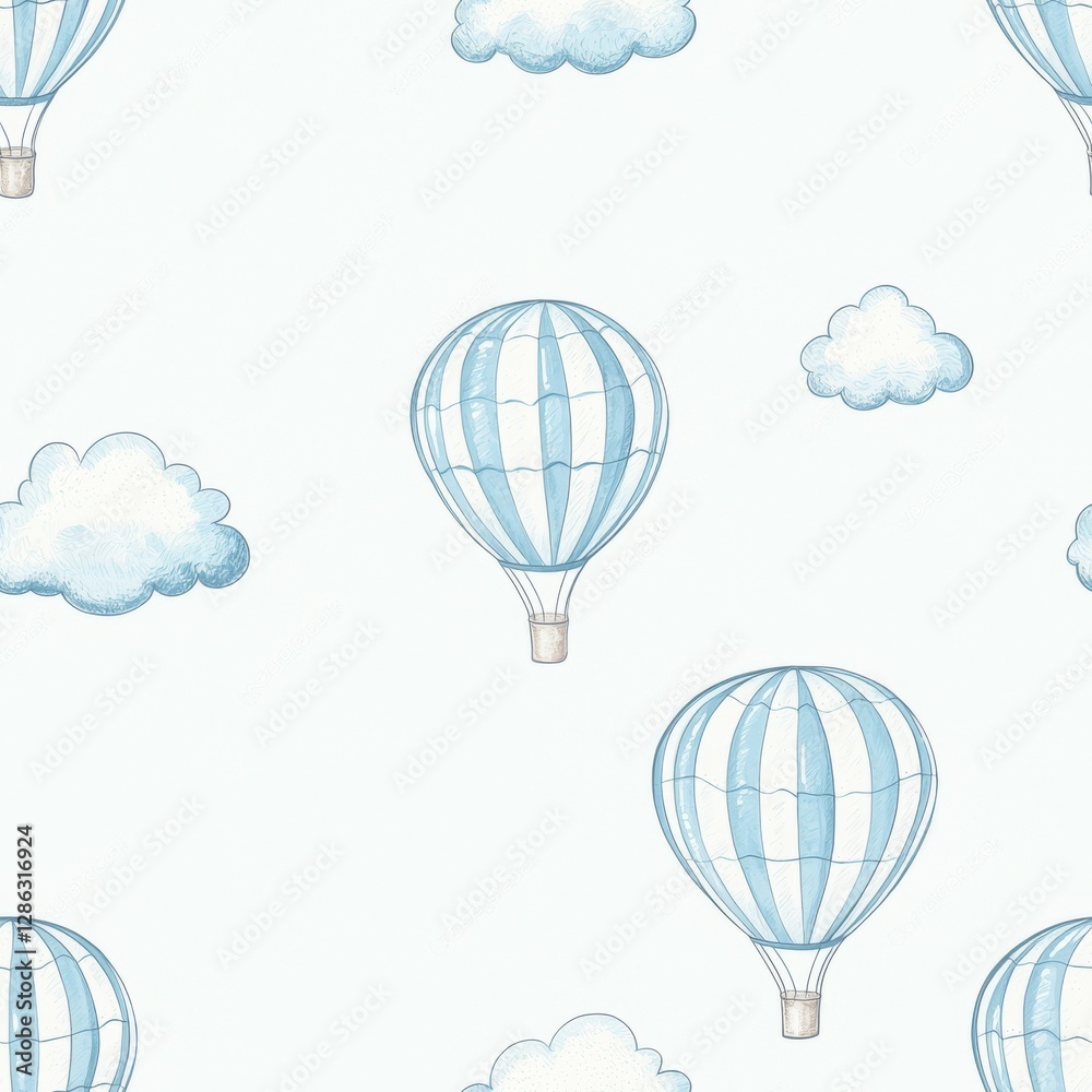Naklejka premium A whimsical pattern featuring hot air balloons and fluffy clouds in soft pastel colors.
