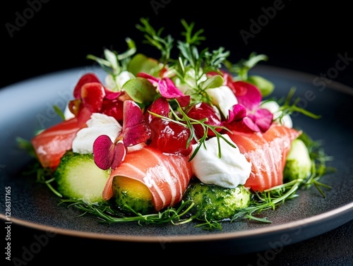 Fresh salmon carpaccio with microgreens radish slices and edible flowers on black plate arranged for fine dining experience gourmet seafood dish and elegant restaurant presentation photo