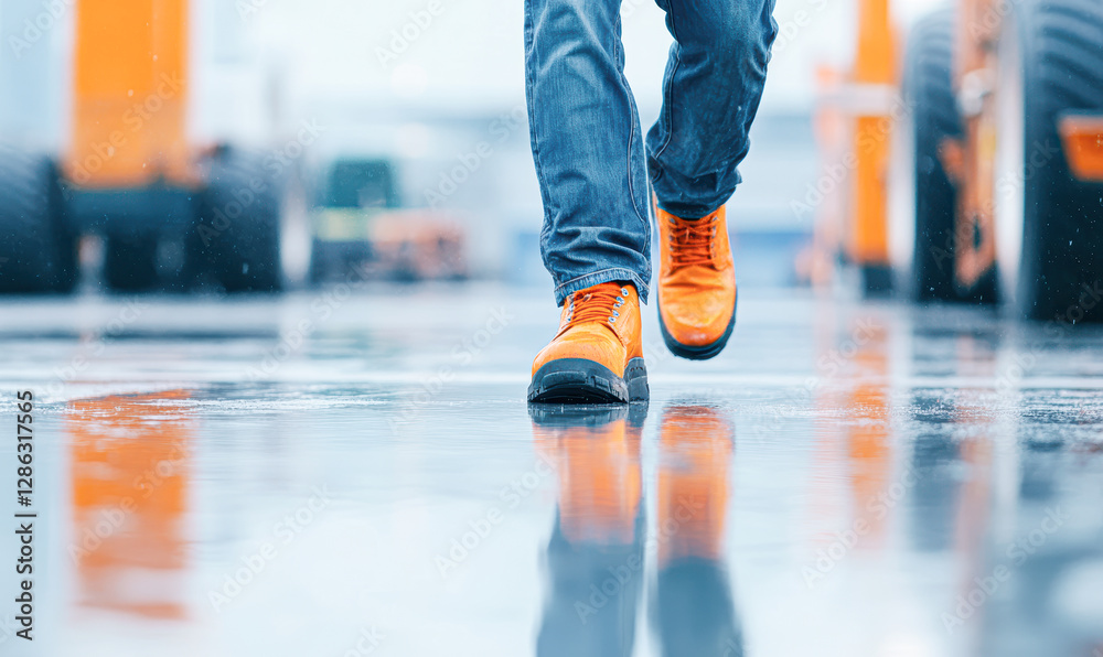 A person walks on a wet surface, showcasing bright orange shoes against a blurred industrial background. A person walks on a wet surface, showcasing bright orange shoes against a blurred industrial background.