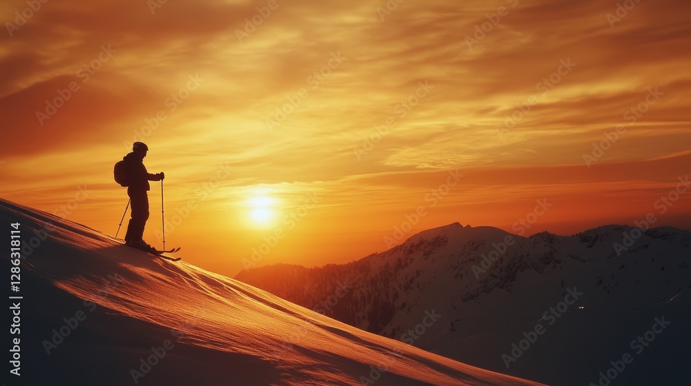 Obraz premium Sunset Skier on Mountain Peak - Silhouette of a skier at sunset on a snow-covered mountain peak. Symbolizing adventure, freedom, solitude, achievement, and winter sports
