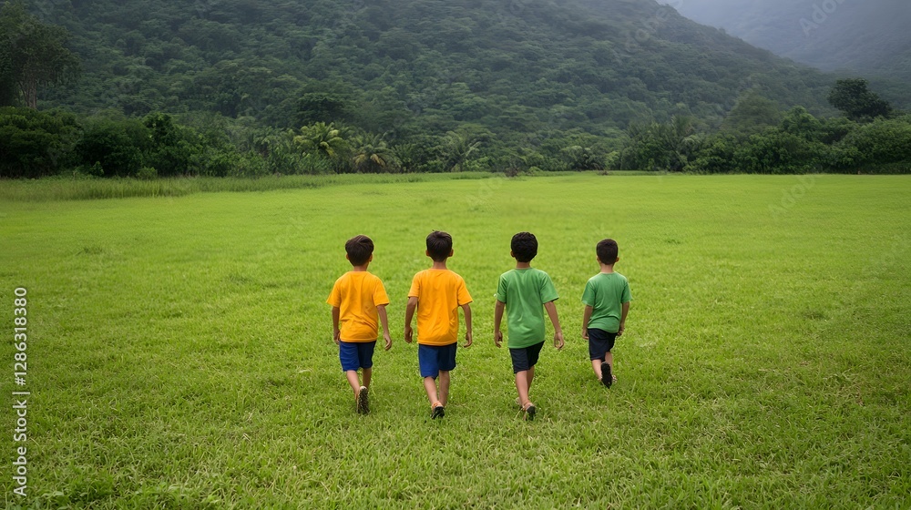Naklejka premium Children Playing Football in Lush Green Outdoor Playground