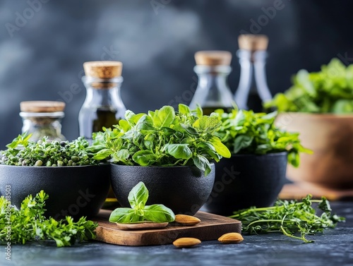 Fresh organic potted herbs including basil mint and rosemary in black ceramic pots with glass spice bottles on modern kitchen counter for homegrown culinary inspiration and natural green aesthetic