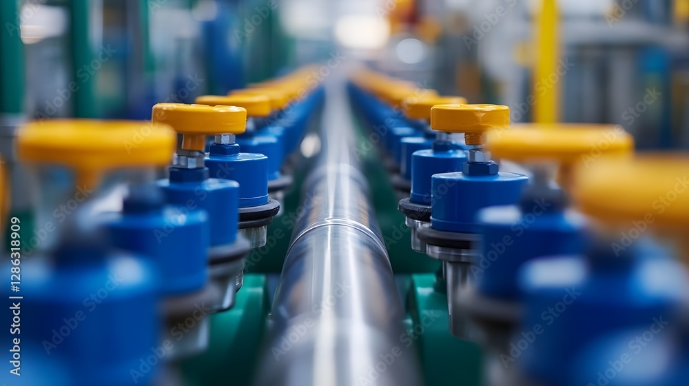 Fototapeta premium Industrial Production Line With Focus on Metal Valves and Pipes, Symbolizing Manufacturing and