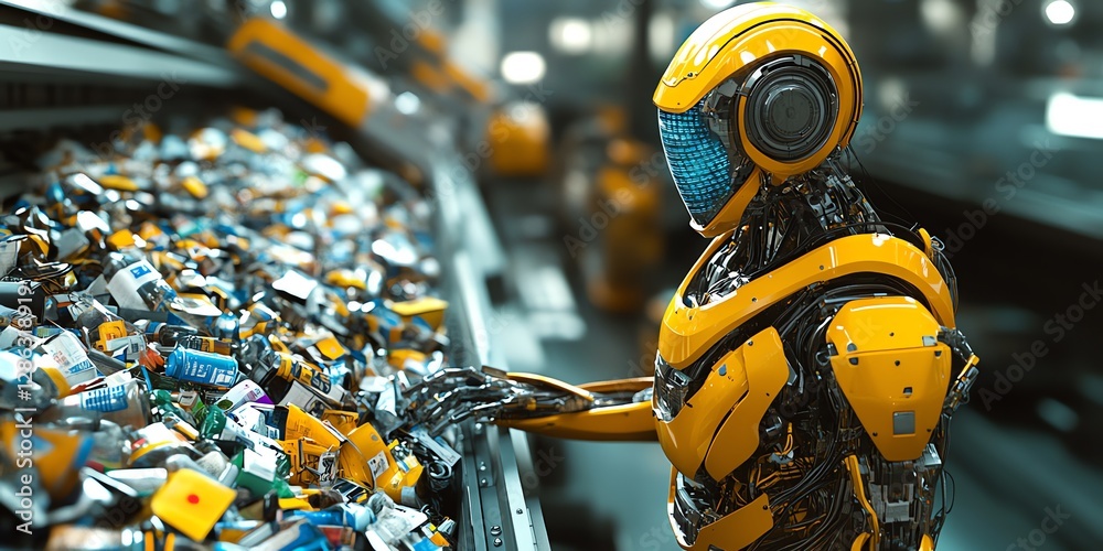 Fototapeta premium Yellow Robot Sorting Recycling Waste in Factory