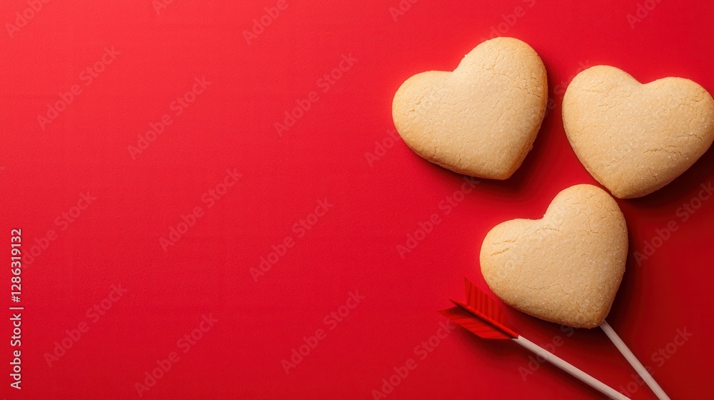 Obraz premium Three heart shaped cookies on a red background, one pierced by a small red arrow. Romantic, Valentine's Day theme