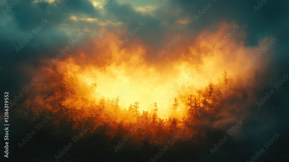 Fototapeta premium Aerial view showcasing a forest fire against a dramatic sky, highlighting the intense flames and smoke amidst the greenery below.
