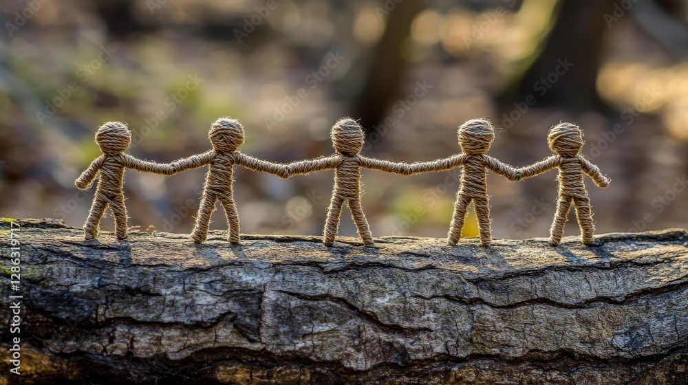 Naklejka premium Twine Unity: Five Figures Holding Hands - Five small twine figures joined hands, symbolizing unity, friendship, community, support