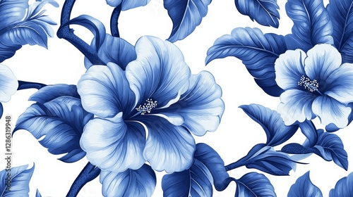 A vibrant blue hibiscus flower pattern on a clean white background.