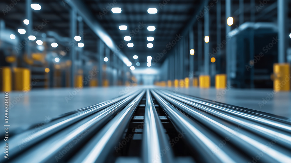 An empty roller conveyor system stands ready for production inside a factory with high ceilings and bright LED lighting. The polished metal rollers reflect the clean, efficient ind An empty roller conveyor system stands ready for production inside a factory with high ceilings and bright LED lighting. The polished metal rollers reflect the clean, efficient ind