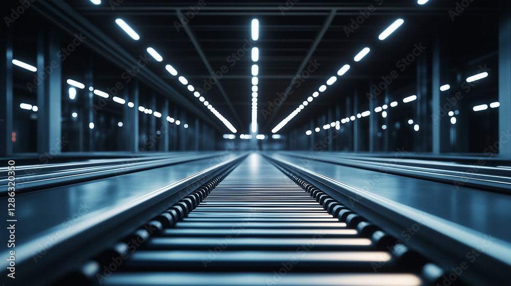 Fototapeta premium A futuristic industrial roller conveyor system illuminated by overhead lights. The sleek metal rollers move toward an automated sorting station in a high-tech production facility.