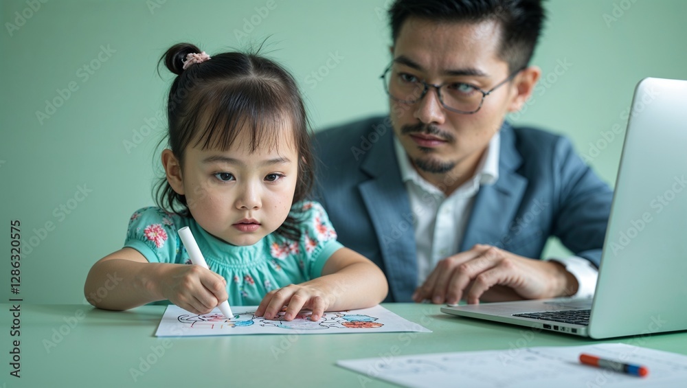 A toddler Southeast Asian girl doodling on paper at a home office beside her working parent in closeup portrait on a plain pastel green background A toddler Southeast Asian girl doodling on paper at a home office beside her working parent in closeup portrait on a plain pastel green background