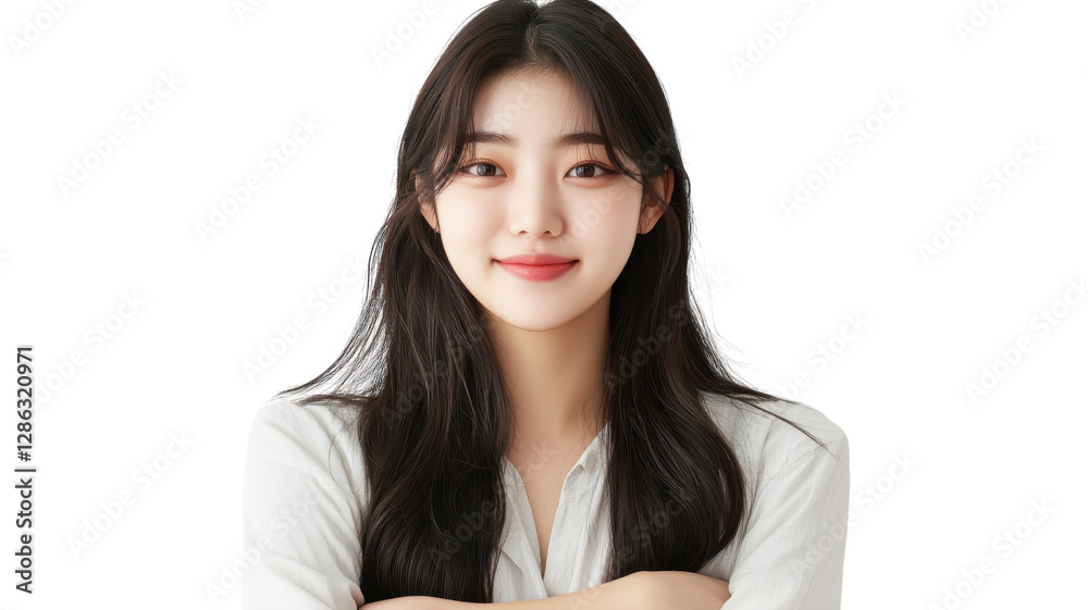 Smiling young woman with long dark hair poses confidently with arms crossed in casual attire against a plain white background