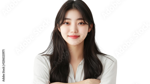 Obraz na płótnie Smiling young woman with long dark hair poses confidently with arms crossed in casual attire against a plain white background w salonie