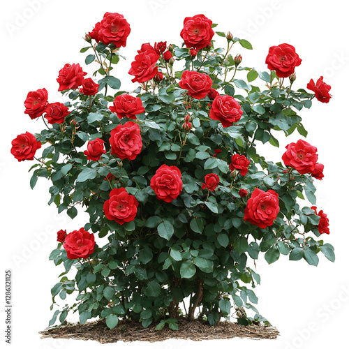 A Vibrant Red Rose Bush with Green Leaves Isolated on Transparent Background