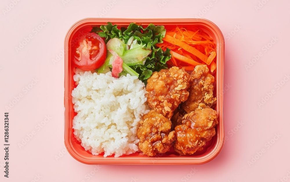 Japanese-style fried chicken bento box with rice on a pastel pink background Japanese-style fried chicken bento box with rice on a pastel pink background