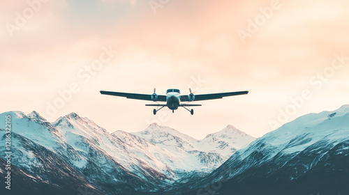 A small airplane flies low over snow-capped mountains under a pastel sky, showcasing a scenic view of nature and adventure.