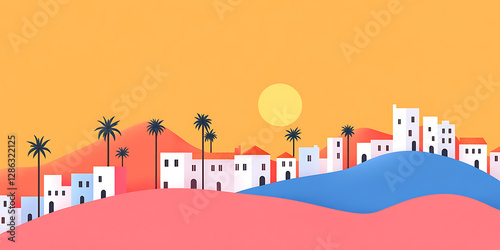 Warm desert townscape with palms, houses, and colorful rolling hills set under a vibrant, sun-drenched sky. A serene and stylized travel destination.