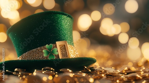 A festive green leprechaun hat adorned with a shamrock, surrounded by shimmering gold coins, capturing the spirit of St. Patrick's Day. photo