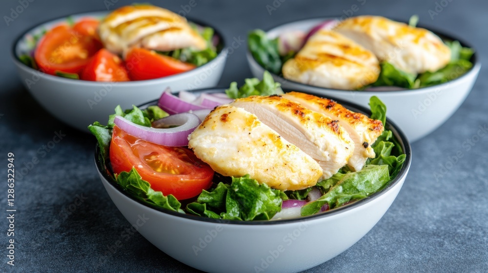 Three bowls of grilled chicken salad with lettuce, tomatoes, and red onions. The bowls are white and the background is dark gray Three bowls of grilled chicken salad with lettuce, tomatoes, and red onions. The bowls are white and the background is dark gray