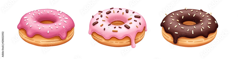 Three delectable donuts, pink, chocolate, and strawberry, each with delightful sprinkles, tempting your sweet tooth!, absolutely white background with clipping paths Three delectable donuts, pink, chocolate, and strawberry, each with delightful sprinkles, tempting your sweet tooth!, absolutely white background with clipping paths