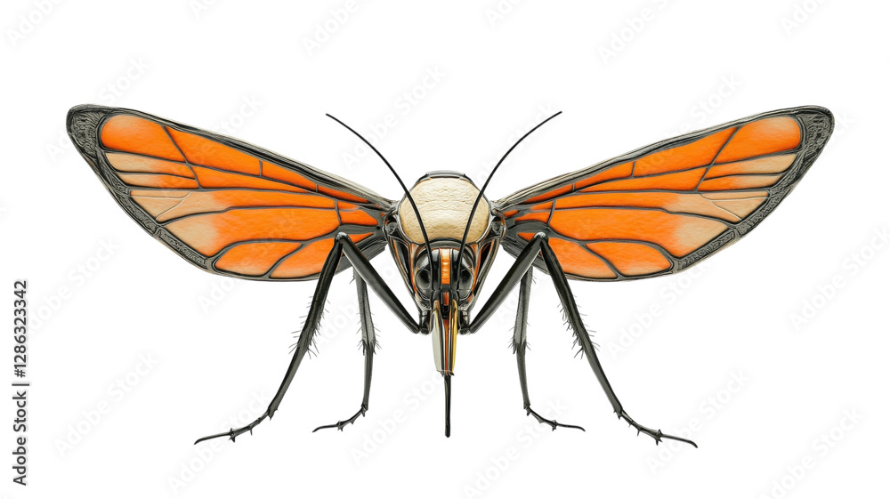 Colorful insect with orange wings and intricate details on display against a plain background