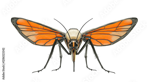 Colorful insect with orange wings and intricate details on display against a plain background