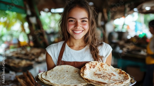 A warm and welcoming girl showcases her culinary skills by holding a tray of freshly made tortillas, bringing a smile that reflects her joy in sharing delicious food.