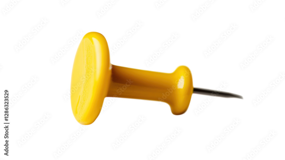 Bright yellow push pin lying on a white surface showcasing its unique design and vibrant color in detail