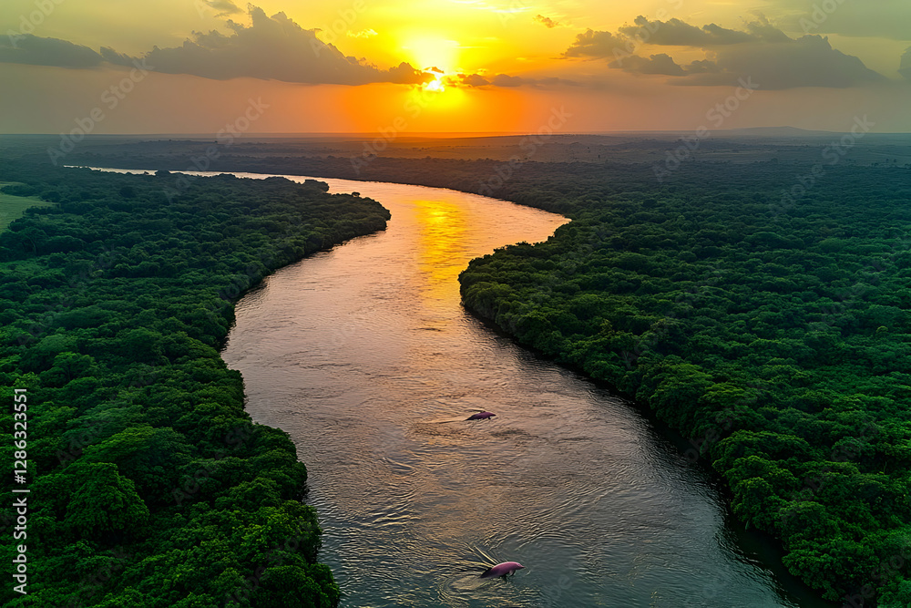 Sunset Over Winding River Through Lush Forest Sunset Over Winding River Through Lush Forest