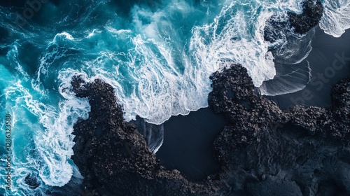 Black Sand Beach Aerial Image with Waves Crashing over Rocks and White Foam Dramatic Scene
