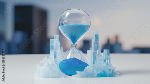Photo of an hourglass with blue sand on a white background, with a city skyline in the blurry background