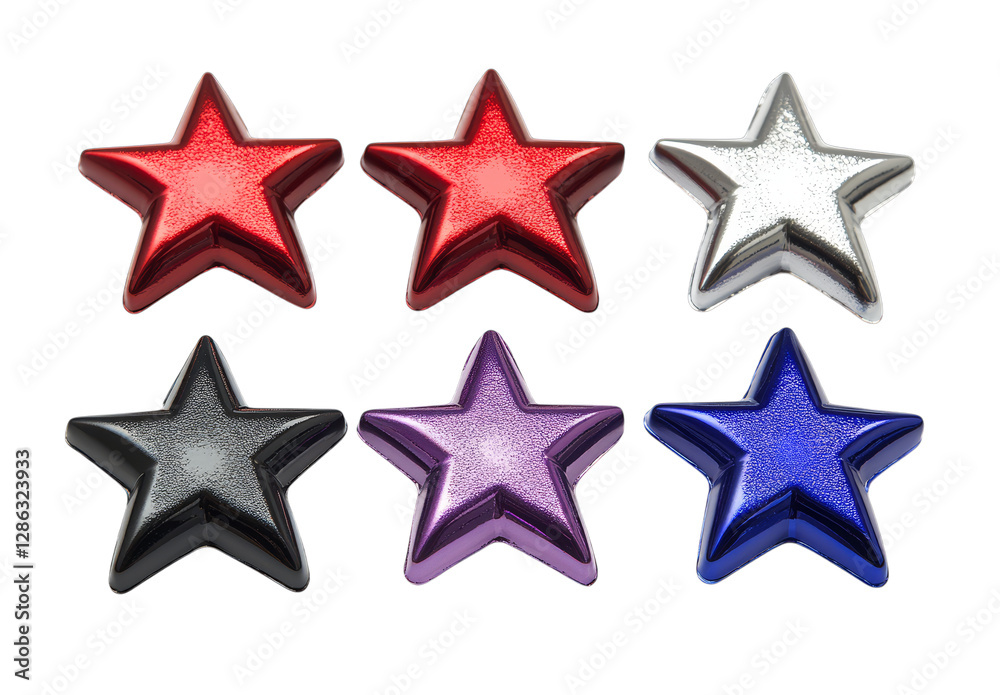 Colorful set of metallic 3d stars in red, silver, black, purple, and blue Colorful set of metallic 3d stars in red, silver, black, purple, and blue