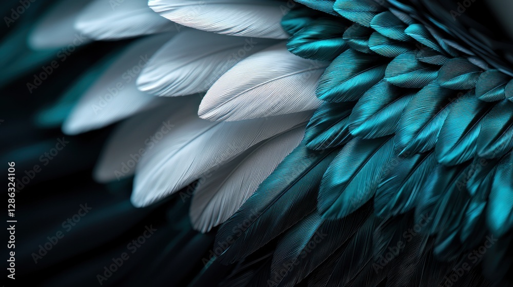 Obraz premium Vibrant close-up of teal and white feathers arranged in a natural pattern, showcasing texture