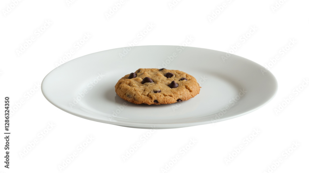 Delicious chocolate chip cookie placed on a simple white plate isolated on a plain background for food styling