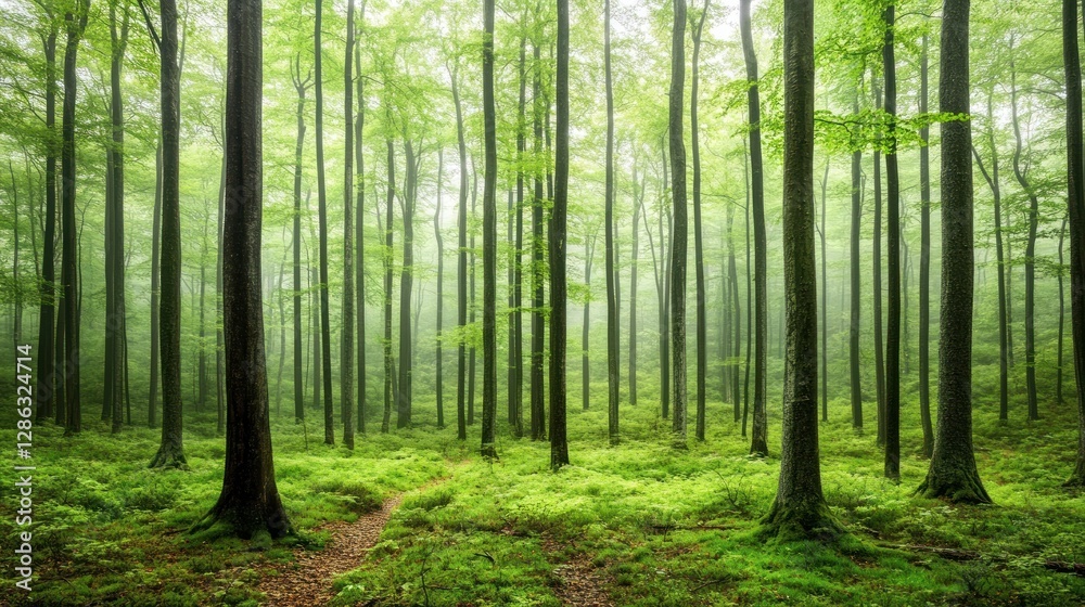 Walking Path Through a Dense Green Forest with Foggy Atmosphere Walking Path Through a Dense Green Forest with Foggy Atmosphere